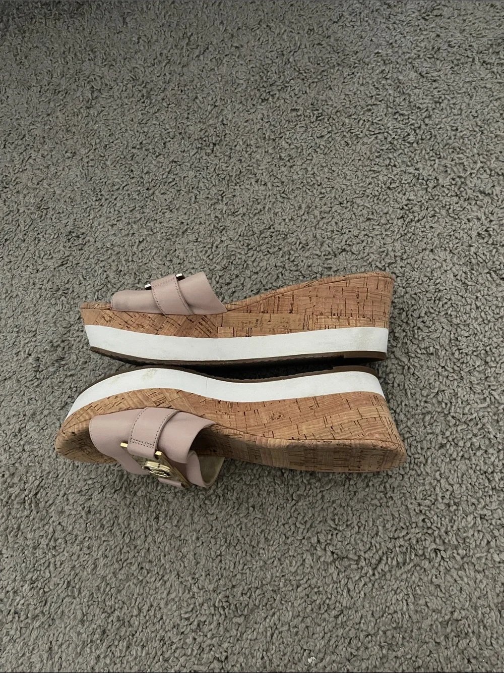 Michael Kors Blush Pink Leather MK Logo Cork Slide Sandals